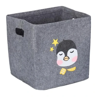 Afbeelding van Relaxdays opbergmand kinderkamer vilten opberger met handgrepen dierenprint grijs Pinguïn