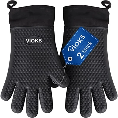 Afbeelding van VIOKS Ovenhandschoenen, set van 2, hittebestendige siliconen ovenhandschoenen voor keuken, met katoenen voering, zwart