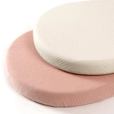 Afbeelding van lulumoon Set van 2 mousseline hoeslakens voor bijzetbed en wieg, 100% katoen, 90 x 40 cm (wit/roze)