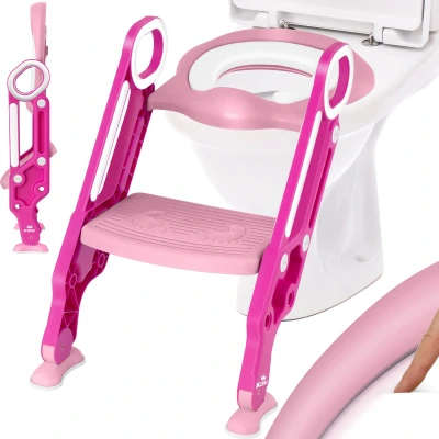 Afbeelding van KIDIZ® Toiletbril voor kinderen Kindertoiletbril Toilettrainer met Trap en Handgrepen Opvouwbare Potjestrainer Leren Potje Comfortabel Kussen Brede Treden Toilettrappen In Hoogte Verstelbaar Roze