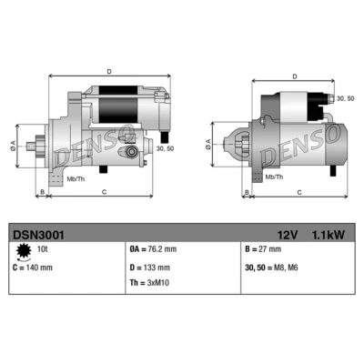 Afbeelding van DENSO DSN3001 Startmotor 12 1,1 10 FORD: FIESTA 6, 5, Focus Mk1 Hatchback, VOLVO: V50, S40 II, C30, MAZDA: 2 Hatchback