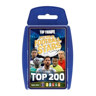 Afbeelding van Top Trumps World Football Stars 200 kaartspel 1 speel met Lionel Messi, Sadio Mane, Mac Allister, Ederson en Jamal Musiala educatief cadeau voor kinderen vanaf 6 jaar