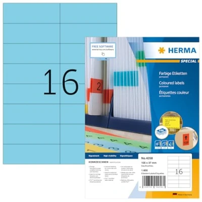 Afbeelding van HERMA 4258 14 etiketten gekleurd DIN A4 (105 x 37 mm, 1400 vellen, mat papier) zelfklevend, bedrukbaar, permanent 22.400 blauw