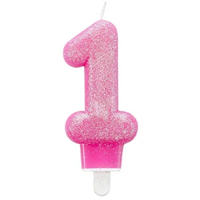 Afbeelding van Amscan 9900761 cijferkaars 1, hoogte 7,6 cm, nul, roze, glitter, taartkaars, kaars, verjaardag, taart, decoratie