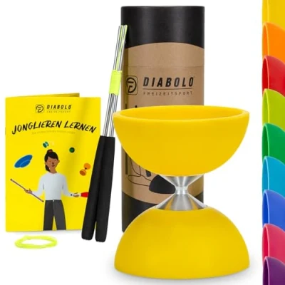 Afbeelding van Diabolo Freizeitsport Basic jongleerset (geel) met aluminium staafjes, reservekoord, handleiding (mogelijk niet beschikbaar in het Nederlands). Perfect voor kinderen, beginners en
