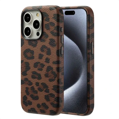 Afbeelding van Selencia Hoesje geschikt voor iPhone 15 Pro Sabi Backcover panterprint MagSafe Mocha Brown