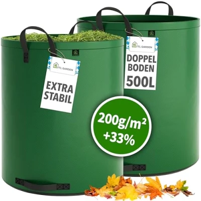 Afbeelding van TTL Garden Set van 2 super sterke tuinzakken 500 liter Groen Dubbele bodem x 200 g/m² Extra stabiel en scheurvast 4 grote handgrepen Robuust Voor gras, bladeren, heg, afval