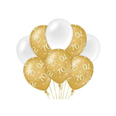 Afbeelding van Ballonnen 70 jaar Wit/Goud per 8 stuks