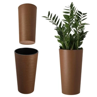 Afbeelding van KADAX Bloempot met houtsnippers, elegante pot afneembaar inzetstuk, bureaubescherming, tuinpot, diameter 19 cm, bruin