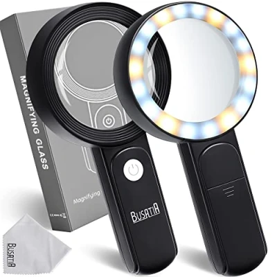 Afbeelding van BUSATIA Vergrootglas 30 x, 18 leds, groot zakvergrootglas met licht, 100 mm, 3 modi, lichtvergrootglas voor lezen, vrije tijd (zwart)