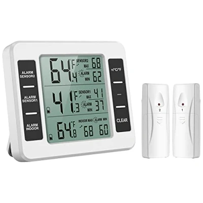 Afbeelding van ORIA Koelkastthermometer, Digitale Thermometer Hygrometer, met Binnentemperatuur monitor, 2 Draadloze Sensoren, Vriezerthermometer 3 Hoorbare Alarmen, Min/Max waarde, voor Thuis, Restaurants Wit