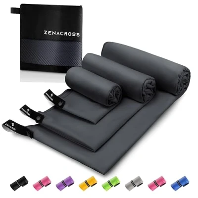 Afbeelding van Zenacross Microvezelhanddoek (set van 3) met draagtas, compacte sporthanddoek, sneldrogend en absorberend, S, M, L donkergrijs