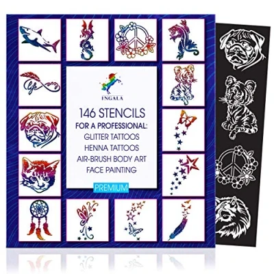 Afbeelding van INGALA Lot de 146 pochoirs tatouage à paillettes qualité supérieure pour enfants, adolescents et adultes. Utilisable comme au henné, aérographe, maquillage peinture faciale.