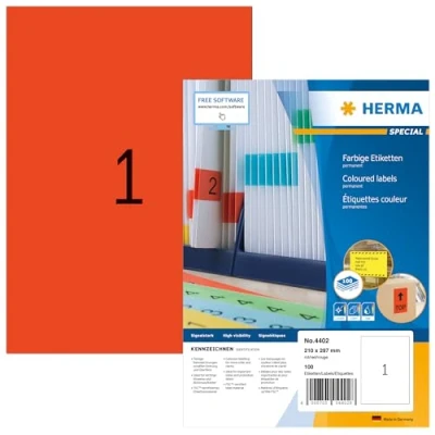 Afbeelding van HERMA 4402 14 etiketten gekleurd DIN A4 (210 x 297 mm, 1400 vellen, papier, mat) zelfklevend, bedrukbaar, permanent etiketten, rood
