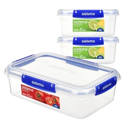 Afbeelding van Sistema KLIP IT PLUS Set van 3 waterdichte vershouddozen 2 x 1 l en 2,2 Luchtdicht, stapelbare in elkaar grijpende dozen met deksel Schoollunchboxen BPA vrij