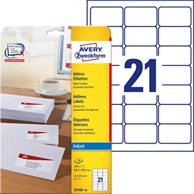 Afbeelding van Avery Dennison J8160 10 adreslabels voor enveloppen, wit, 63,5 x 38,1 mm, vellen