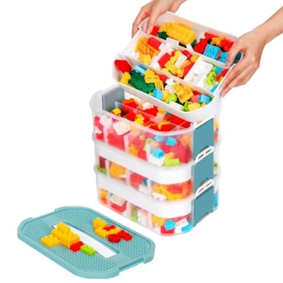 Afbeelding van Opbergdoos van kunststof voor Lego speelgoedkist kinderen, stapelbaar, met deksel, transparante organizer, 3 lagen, opbergbak, spellen, bouwblok, puzzel