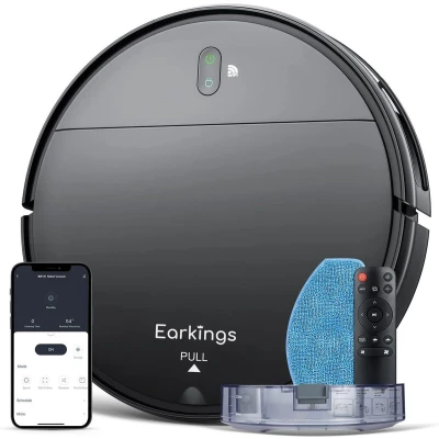 Afbeelding van Earkings Robotstofzuiger met Dweilfunctie SMART Laadstation Geschikt voor huisdieren Zwart