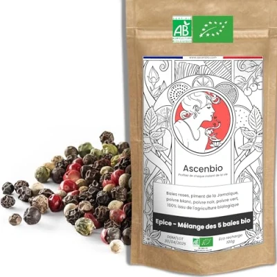 Image de Ascenbio ✿ Mélange 5 poivres, baies BIO 100 g Préparé et conditionné en France Emballage biodégradable
