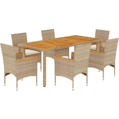 Afbeelding van vidaXL 7 delige Tuinset met kussens poly rattan en acaciahout beige