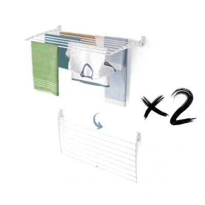 Afbeelding van foxydry Fold Droogrek voor aan de muur, uittrekbaar, verticaal, opvouwbaar, binnen en buiten, van aluminium staal, 102 x 50 cm (wit neerwaartse sluiting, 2 laags, 100)