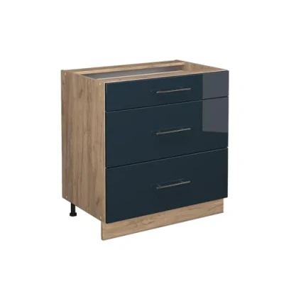 Afbeelding van Vicco Keukenonderkast Fame Line, Donkerblauw hoogglans/Krachtige eik goud, 80 cm met 3 laden, zonder werkblad