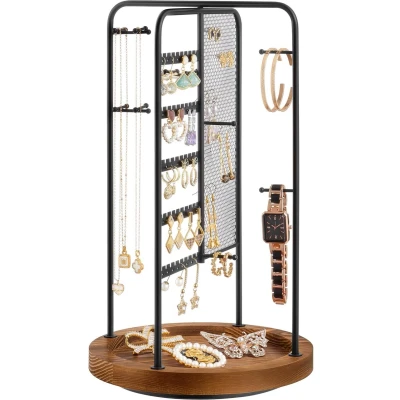 Afbeelding van SONGMICS JJS023B01 Sieradenstandaard, draaibaar, 4 aparte vakken, metalen frame, opslag voor halskettingen, armbanden, oorbellen, ringen, cadeau idee, zwart