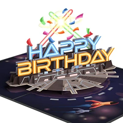 Afbeelding van papercrush® Galactische 3D pop up kaart voor verjaardag met lichtzwaarden in de ruimte, grappige wenskaart jongens en mannen, Happy Birthday vriend