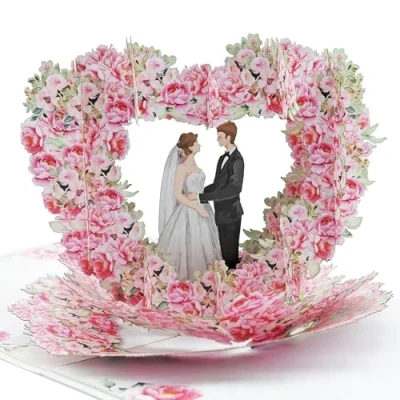 Afbeelding van Favour pop Up® 3D bruiloftskaart bruidspaar in een hart van rozen geldcadeau voor huwelijksreis huwelijkswenskaart ongewone up