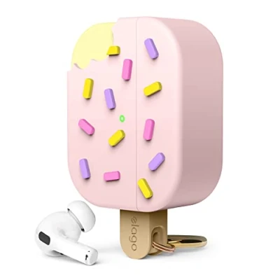 Afbeelding van elago IJshoes compatibel met AirPods Pro 2, 2e generatie hoes, inclusief karabijnhaak, ondersteunt draadloos opladen, volledige bescherming (aardbei)