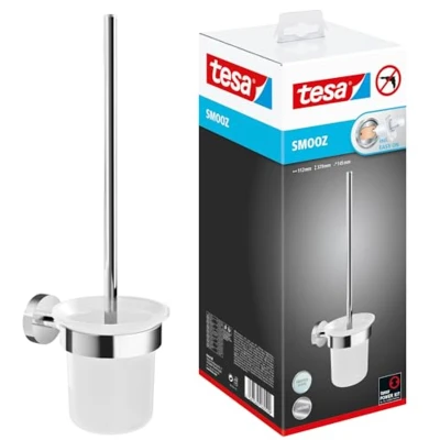 Afbeelding van tesa SMOOZ Toiletborstel van gesatineerd glas en verchroomd roestvrij staal wandmontage zonder boren incl. kleefoplossing 137 mm x 97 410