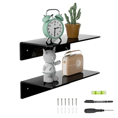 Afbeelding van Sezanrpt Set van 2 kleine zwarte zwevende acryl wandplanken voor slaapkamer, woonkamer, slimme luidsprekers 30 cm