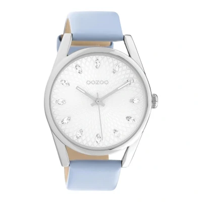 Afbeelding van Oozoo Dameshorloge met leren band en twaalf kubieke zirkonia op de 42 mm diameter mandala wijzerplaat in verschillende varianten, zilver/lichtblauw, groot, bandjes, Riemen
