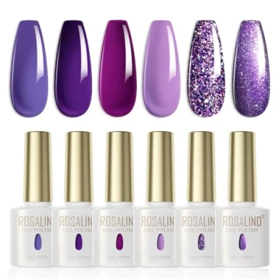Afbeelding van ROSALIND Semi permanente nagellak, paars, 6 kleuren, fuchsia, lavendel, glitter, lila, soak off, UV, LED, voor dames, doe het zelf, nail art, manicureset