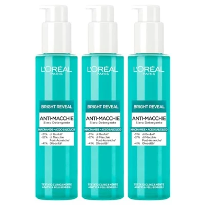 Afbeelding van L&#039;Oréal Paris Bright Reveal Gezichtsserum, anti imperfecties, vlekken, vermindert puistjes, verlichtende werking, peeling, met niacinamide en salicylzuur, 3 flessen van 150 ml