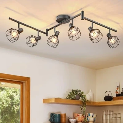 Afbeelding van Dehobo plafondlamp, spots, draaibaar, zwart, spot, met E14 fitting, 6 plafondspots, voor binnen, keuken, slaapkamer, woonkamer, max. 40 W zonder lampen