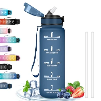 Afbeelding van 1 liter waterfles met lekvrij rietje, motiverende fles tijdschaal, extra drinkfles, gemakkelijk te reinigen, voor sport, fitness, wandelen, yoga, marineblauw