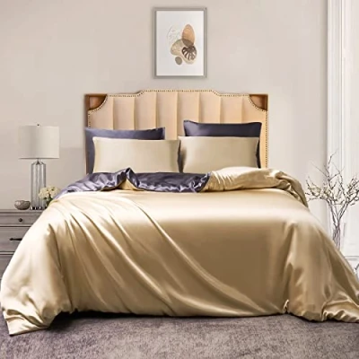 Afbeelding van Damier Omkeerbaar satijnen beddengoed, 135 x 200 cm, met ritssluiting en kussensloop 80 beige grijs glanzend