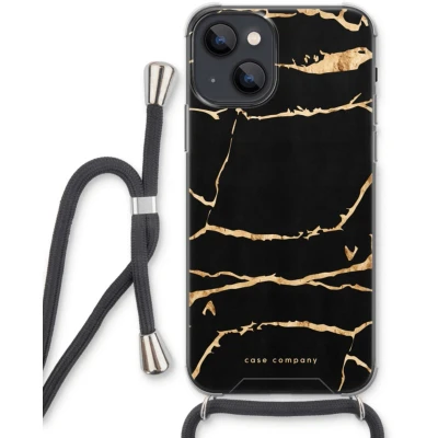 Afbeelding van Case Company® hoesje met Koord geschikt voor iPhone 13 Gouden marmer Telefoonhoesje Zwart Extra Bescherming aan alle Kanten en Over de Schermrand
