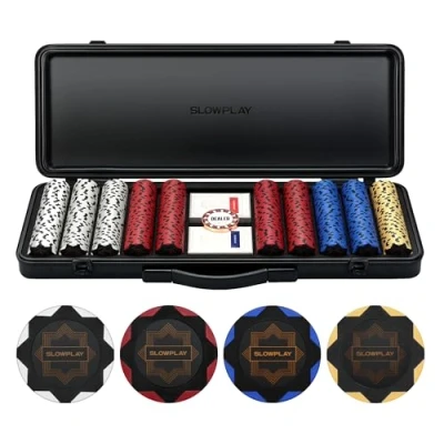 Afbeelding van SLOWPLAY NASH Pokerset, pokerchips van klei, 500 stuks [zonder nummering] pokerkoffer Texas Holdem, Deluxe Pokerbox Pokerkaarten, dealer knop
