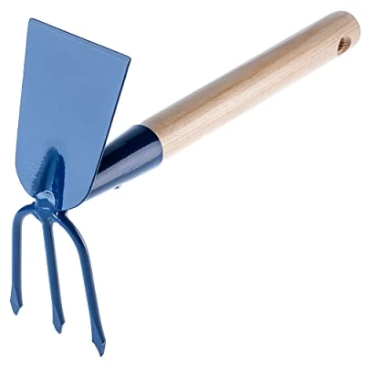 Afbeelding van KADAX Metalen houweel Tuinhouweel met houten handvat Dubbele mandoline voor de tuin meubels, beluchten en wieden van grond onkruidhouweel (kort, rechthoekig 3 tanden,