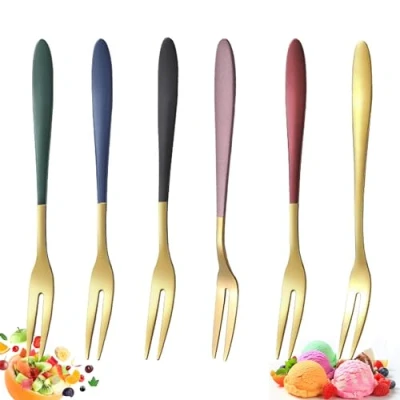 Afbeelding van YUEMING 6 stuks dessertvorken, fruitvork, roestvrij staal, taartvorken, tafelvorken voor salade, cocktail, café, bruiloft, feest, bar, bestek