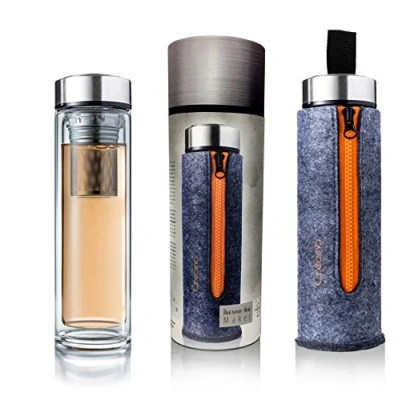Afbeelding van Creano Exclusieve theefles met roestvrijstalen filter en vilten deksel, oranje (400 ml) in hoogwaardige geschenkdoos