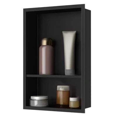 Afbeelding van sunrik Badkamernis, wandnis voor douche, roestvrij staal, dubbele laag, inbouwdouchenis, 30 x 60 10 cm (40/20 cm), zwart