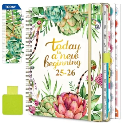 Afbeelding van NEYSA Agenda 2025 2026 Semainier Spirale de Juillet Juin (12 mois) A5 Scolaire Avec boucle stylo,Règle Signet &amp; Autocollants plan (Vert gazon)