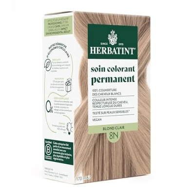 Afbeelding van Herbatint Permanente haarkleuring 8N lichtblond 170 ml ammoniakvrij, 100% dekking van wit haar Dermatologisch getest voor de gevoelige huid, met 8 biologische plantenextracten