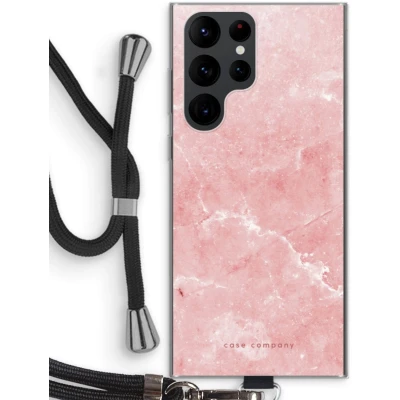 Afbeelding van Case Company® hoesje met Koord geschikt voor Samsung Galaxy S22 Ultra Roze marmer Telefoonhoesje Zwart Bescherming aan alle Kanten en Over de Schermrand