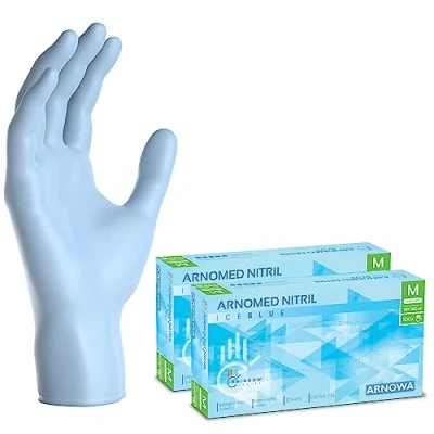 Afbeelding van ARNOMED Lichtblauwe wegwerphandschoenen, nitril handschoenen, maat M, 200 stuks wegwerphandschoenen (2 dozen), poedervrij en latexvrij, XS, S, L XL