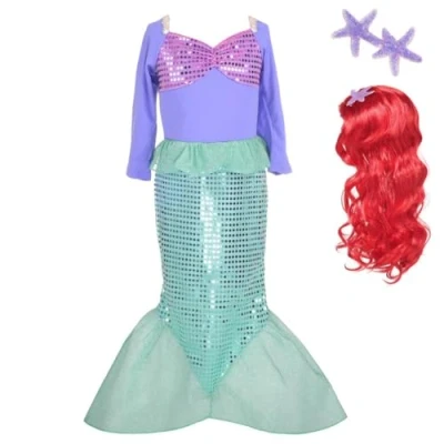 Afbeelding van Lito Angels, kostuum, zeemeermin, prinses Ariel, met pruik, voor kinderen, meisjes, verjaardags, feestje, Halloween, carnaval, maat 4 5 jaar