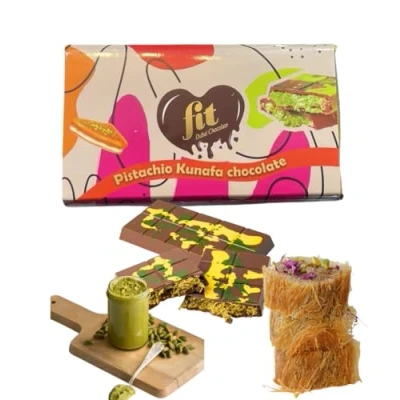 Afbeelding van Dubai Pistachio Kunafa Chocolade 200 g Chocolate met Pistache Crème en Kadaif (engelenhaar) Melkgenot Intense Cacao Premium melkchocolade (1 stuk)